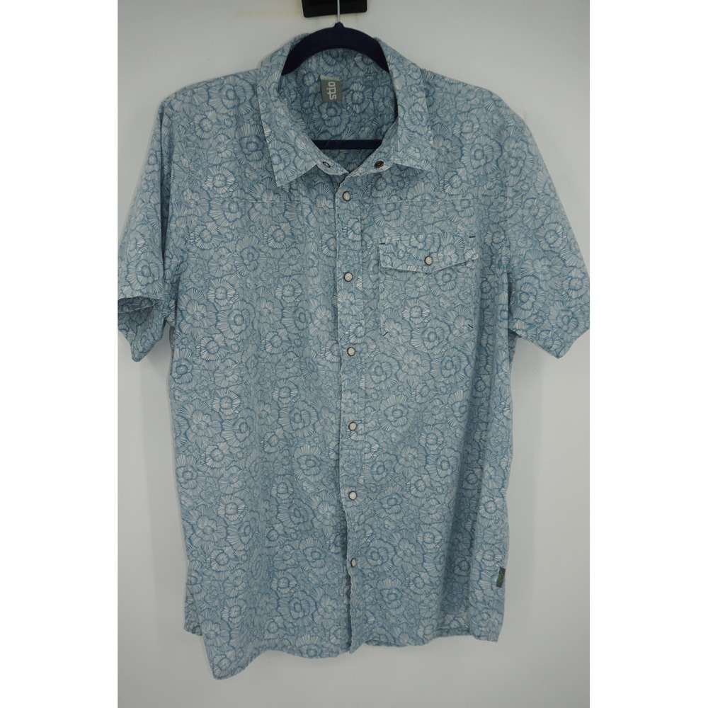 Stio Shirt Short Sleeve Blue Floral Organic Cotton Poly Snap Front Men's XL